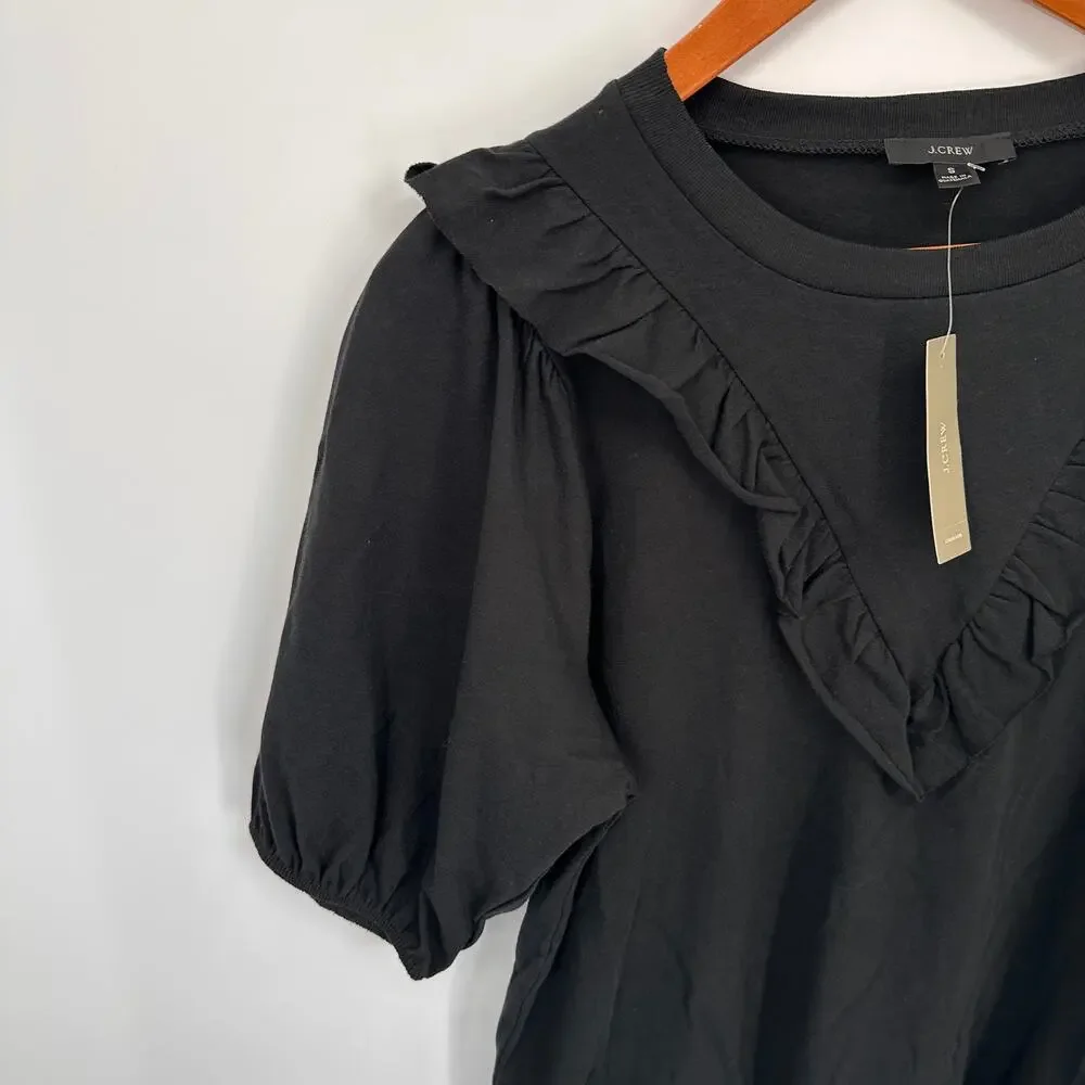 J. CREW NWT Black Short sleeve Ruffle Bib Tee Blouse // S